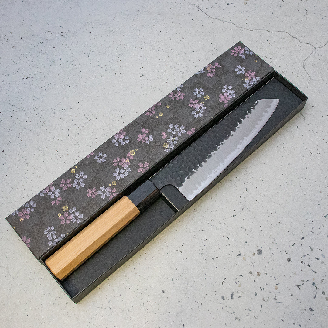 Hitohira Futana Santoku (All purpose Knife) Kuro, Tsuchime, 170mm