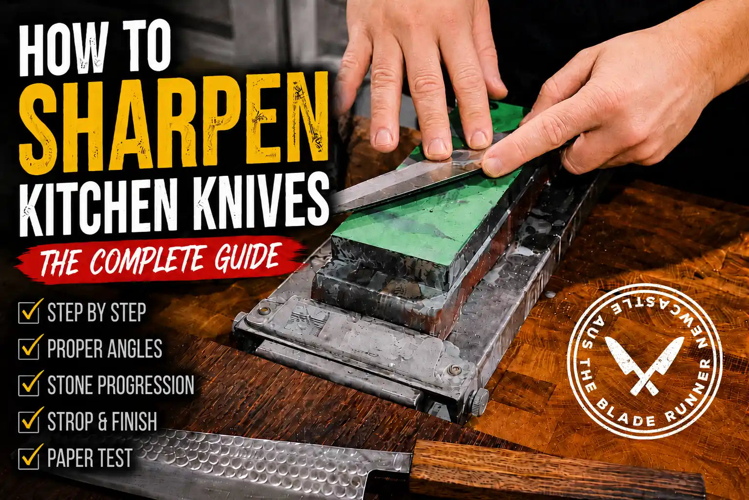 Load video: Beginner-friendly whetstone sharpening guide showing how to sharpen Japanese kitchen knives, including stone choice, angle control, burr formation, stropping, and paper testing.