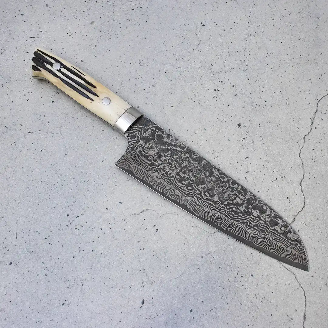 Takeshi Saji Santoku (All purpose Knife) SG2 Damascus, White stag handle 180mm