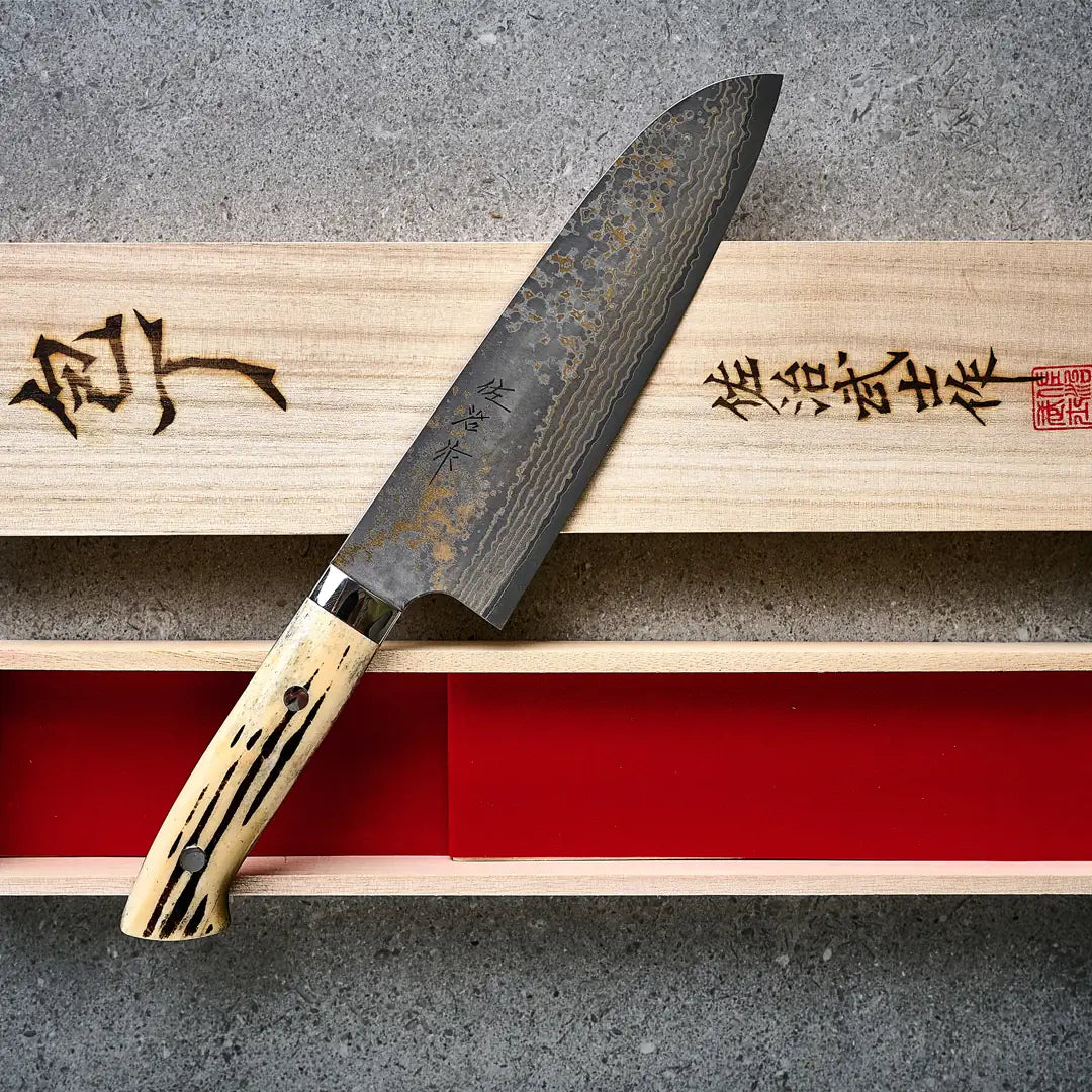 Takeshi Saji Santoku (All purpose Knife) VG10W, White stag handle 180mm